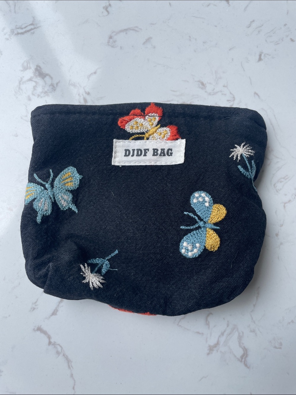 Kids Black Embroidered Butterfly Coin Pouch -